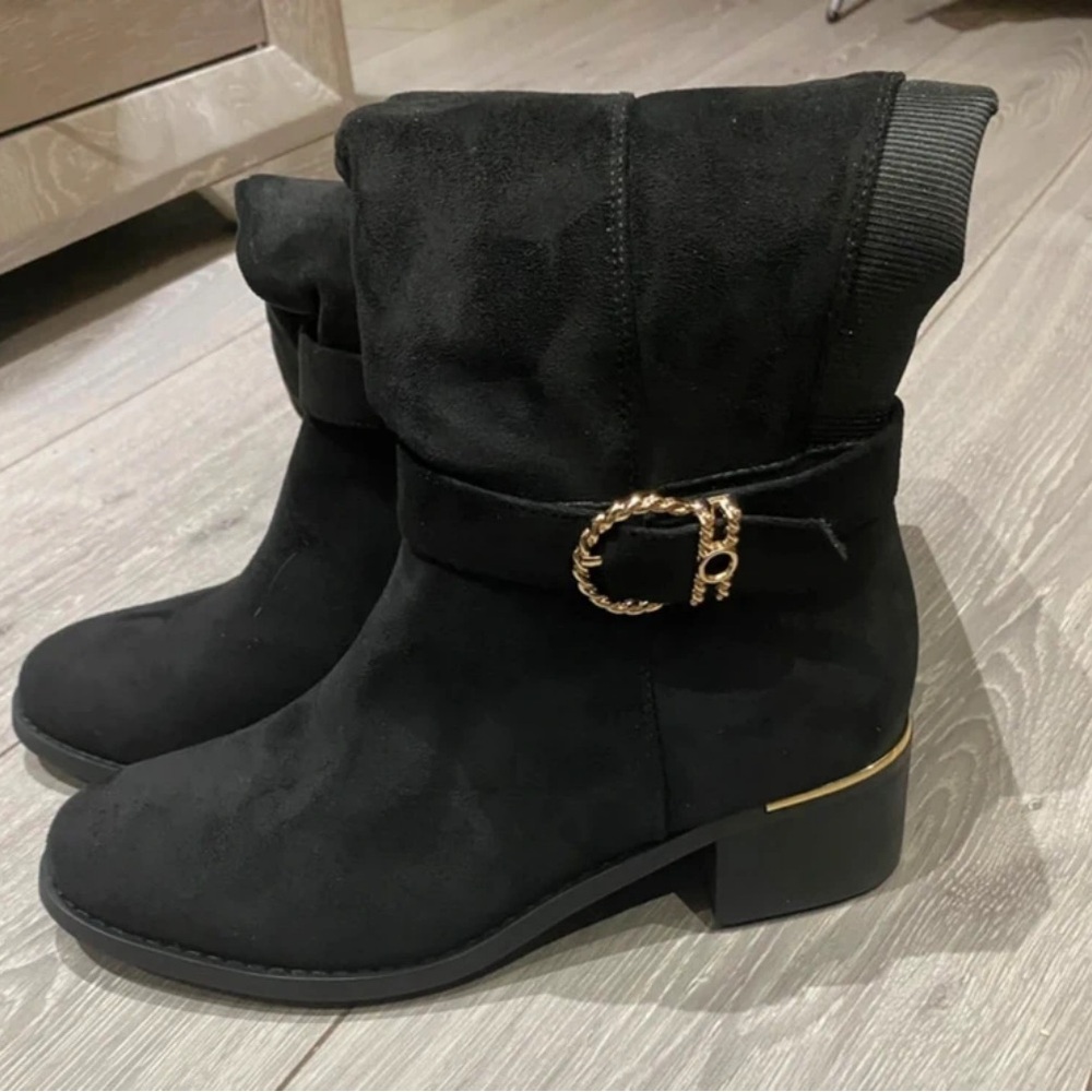 Boots Black Heeled Boots with Gold Accent